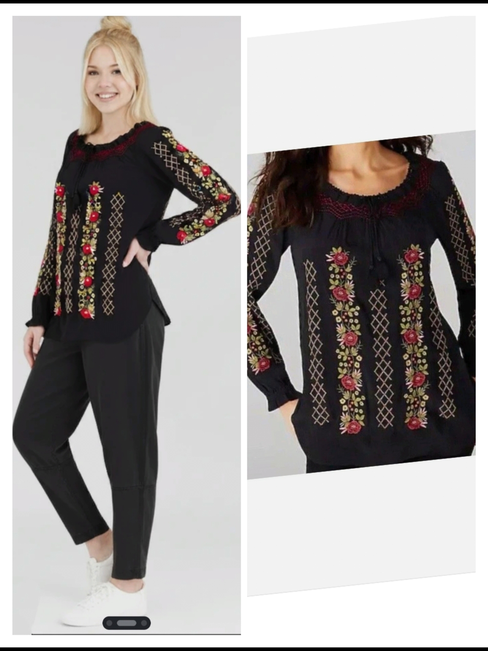 J. Jill Black Peasant Blouse with Red & Green Floral Embroidery